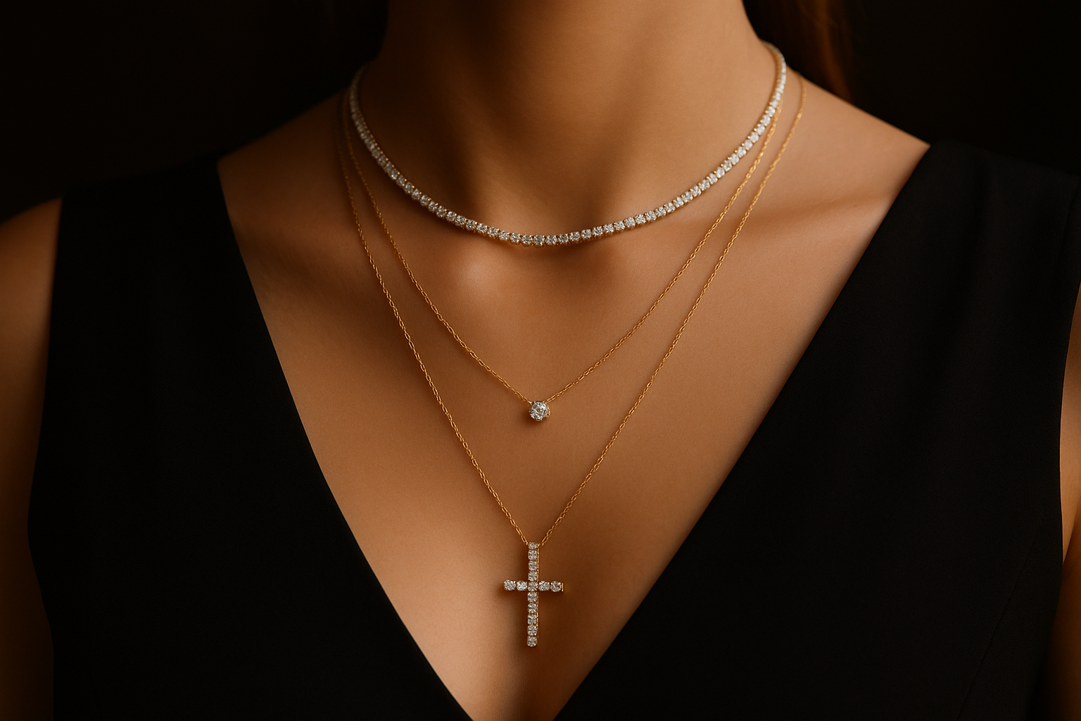 Auksinės grandinėlės su deimantais ant kaklo prie juodos suknelės