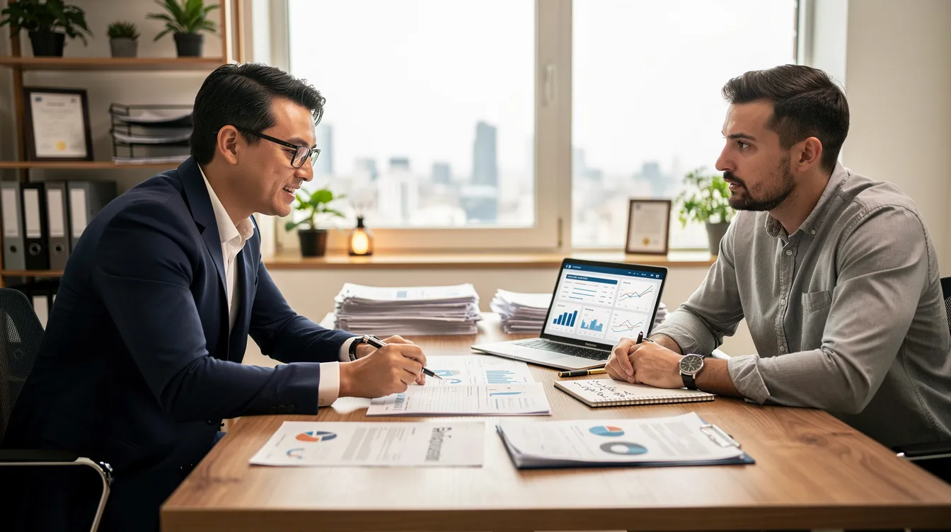 The image depicts a financial advisor meeting with a business owner at a desk filled with documents, discussing various aspects of company valuation, including future cash flows and financial metrics. They are likely analyzing different valuation methods to determine the company's worth and attract potential investors.