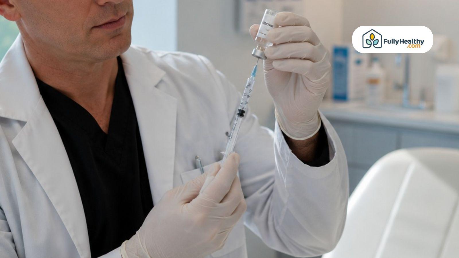 Healthcare professional preparing a peptide injection by drawing solution from a peptide vial with a sterile syringe.