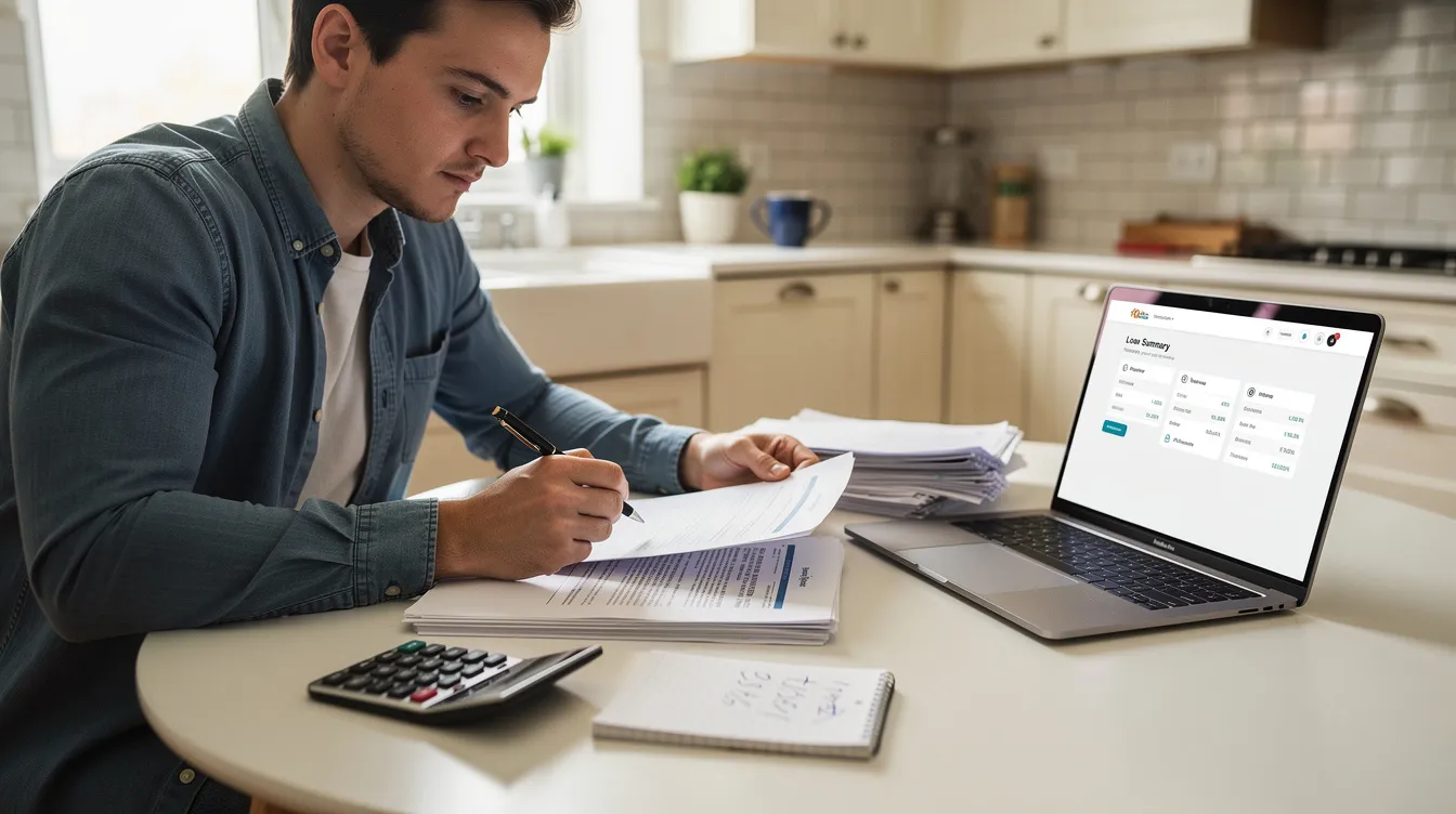 A person is seated at a kitchen table, carefully reviewing loan documents with a laptop and calculator positioned nearby, indicating a focus on financing options for home renovations, such as installing hardwood floors. The setting suggests a practical approach to managing costs and planning for home improvement projects.