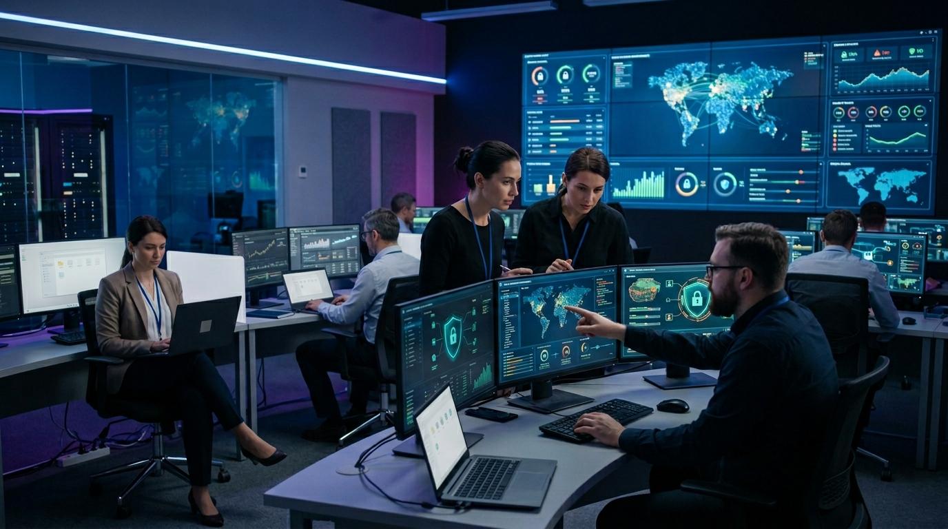 Photorealistic cybersecurity and cloud management scene with IT administrators monitoring secure virtual environments while professionals access cloud-hosted desktops through laptops.