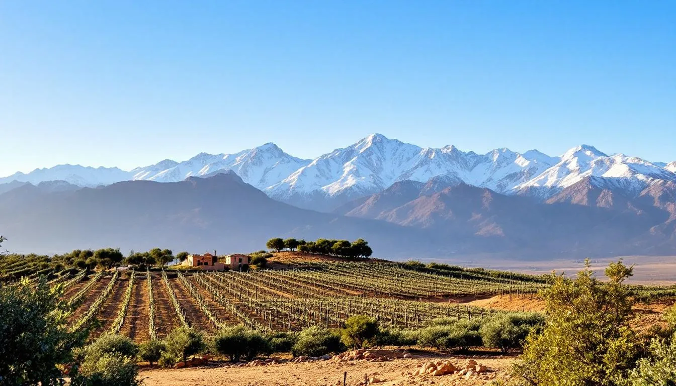 The image depicts a picturesque Moroccan vineyard landscape, with lush grapevines stretching across the foreground and the majestic Atlas Mountains rising in the background. This serene scene reflects the local culture, where wine production and Moroccan wines are part of the agricultural heritage, amidst a predominantly Muslim country where alcohol consumption is subject to cultural sensitivities.