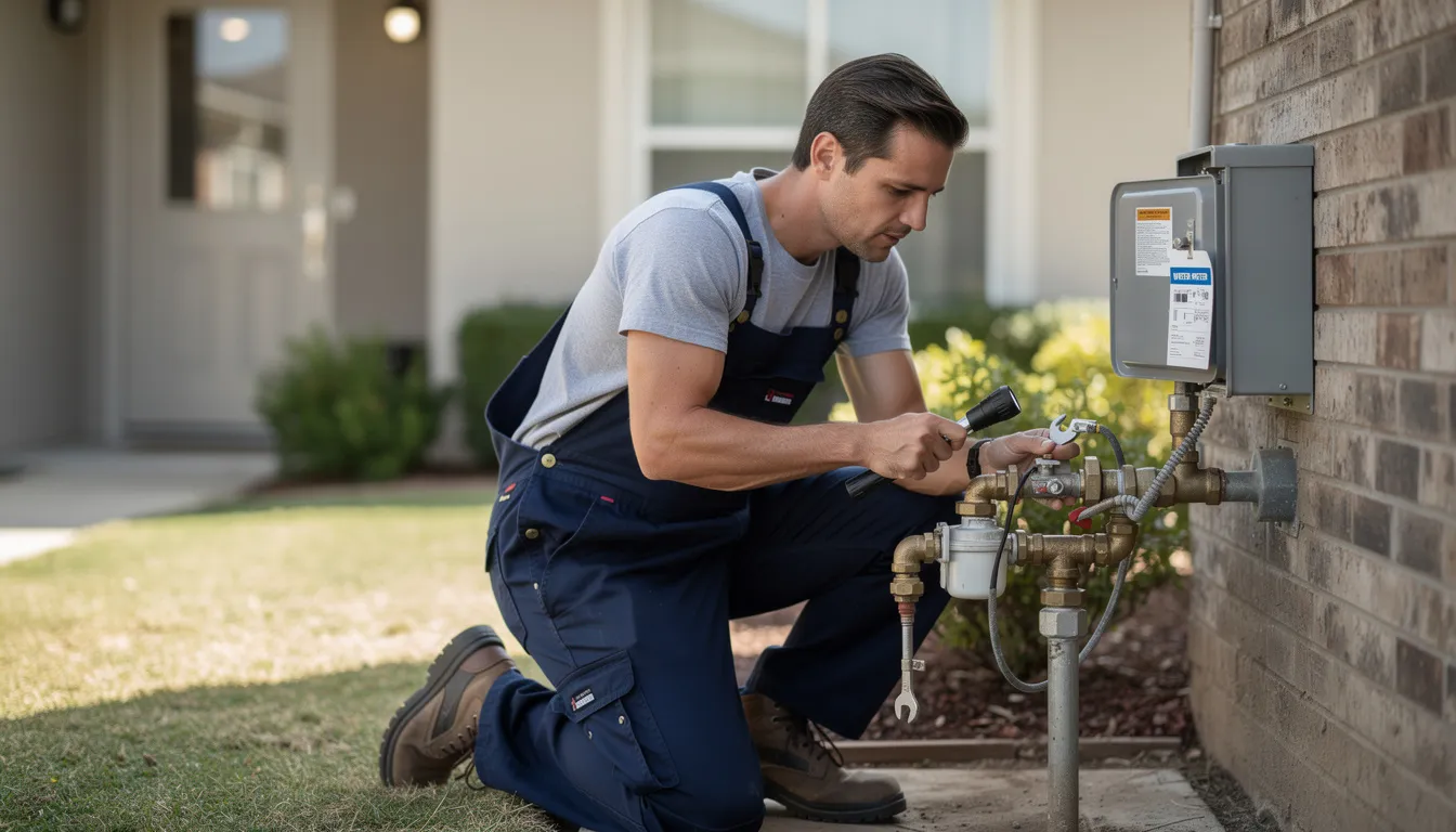 A licensed plumber in work clothes is inspecting the water meter connection point at a residential property, checking for any signs of a water line issue or leak. This inspection is crucial for maintaining the plumbing system and ensuring proper water supply for homeowners.