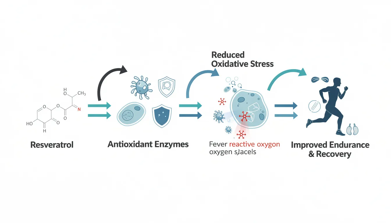 The diagram illustrates the connection between resveratrol molecules and antioxidant enzymes, highlighting how resveratrol supplementation can reduce oxidative stress, ultimately leading to enhanced endurance and recovery. This visual representation emphasizes the remarkable health benefits of resveratrol in supporting cardiovascular health and promoting a healthier life.