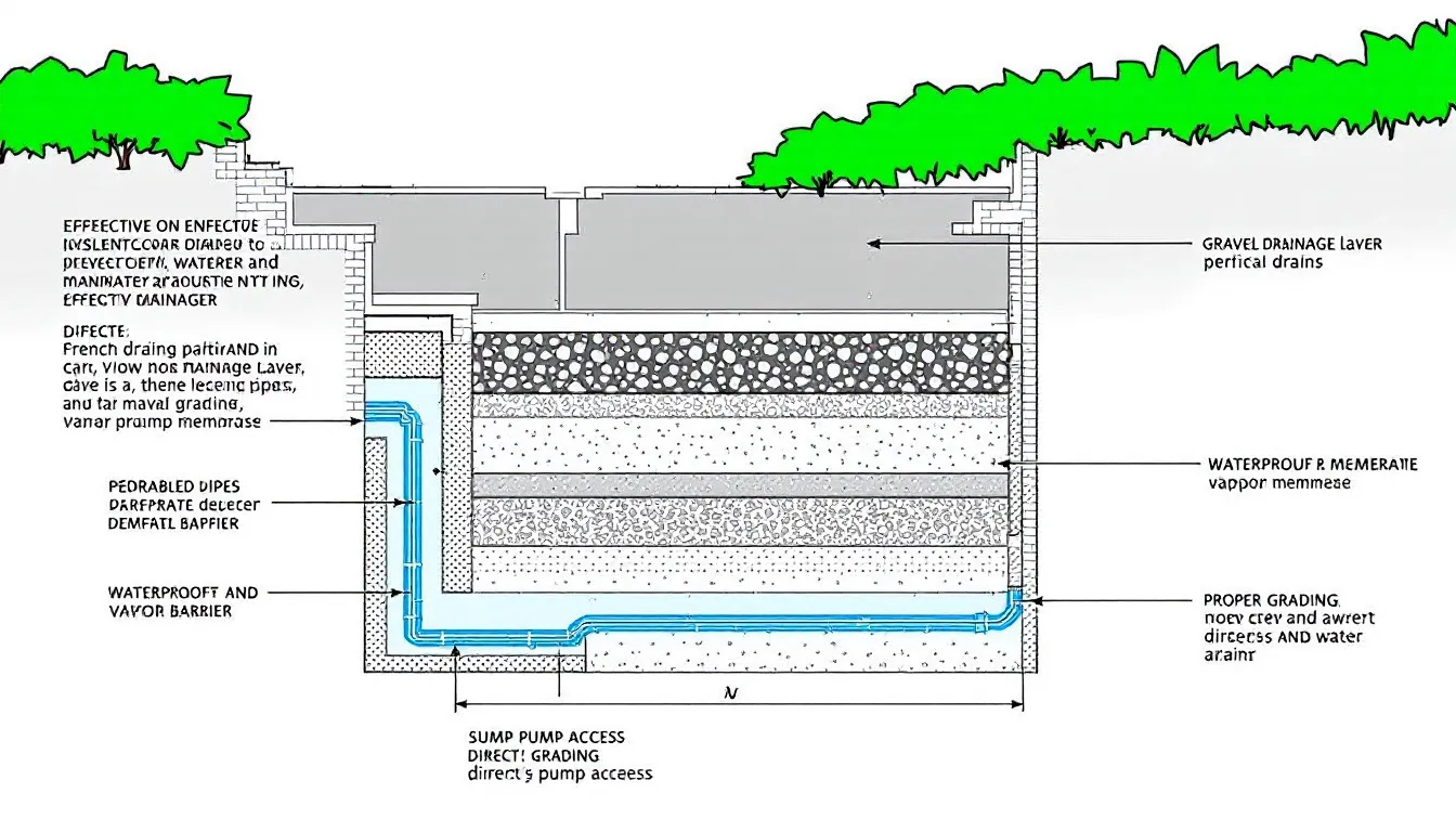 An illustration of effective drainage systems for foundations to prevent water infiltration.