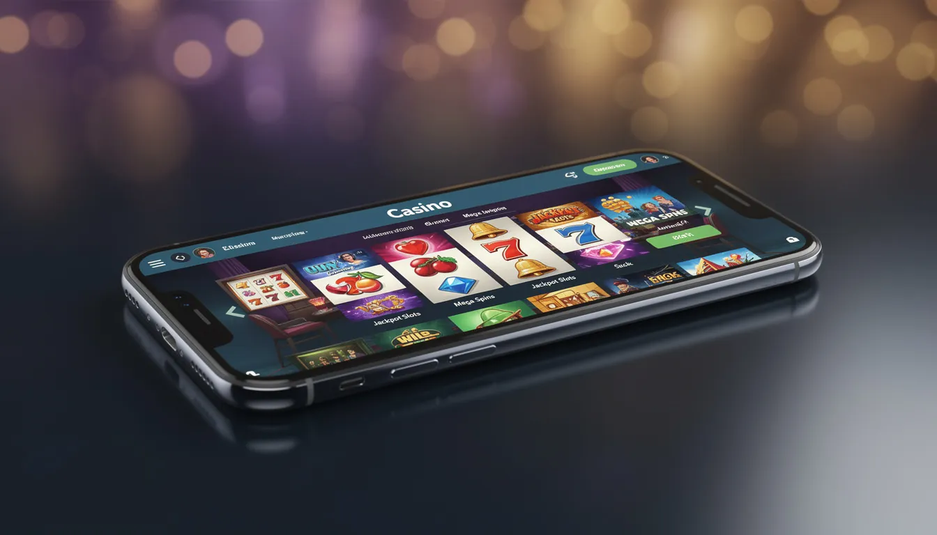 En smartphone visar ett modernt casino-gränssnitt med färgglada spelautomater och alternativ för att spela på nya casinon online. Användaren kan se erbjudanden som free spins och snabba uttag med swish, vilket gör det enkelt att komma igång med spelandet.