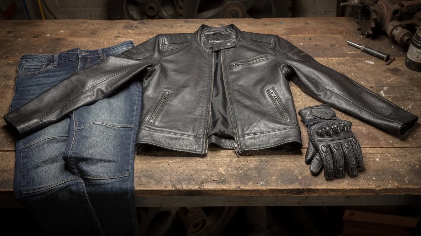 Das Bild zeigt ein Motorrad-Outfit bestehend aus einer robusten Lederjacke, einer komfortablen Motorradhose aus Denim und schützenden Handschuhen, die ordentlich auf einer Werkbank liegen. Diese Motorradbekleidung vereint Stil und Sicherheit für den Motorradfahrer, während die Jeanshosen zusätzlichen Schutz und Bewegungsfreiheit bieten.