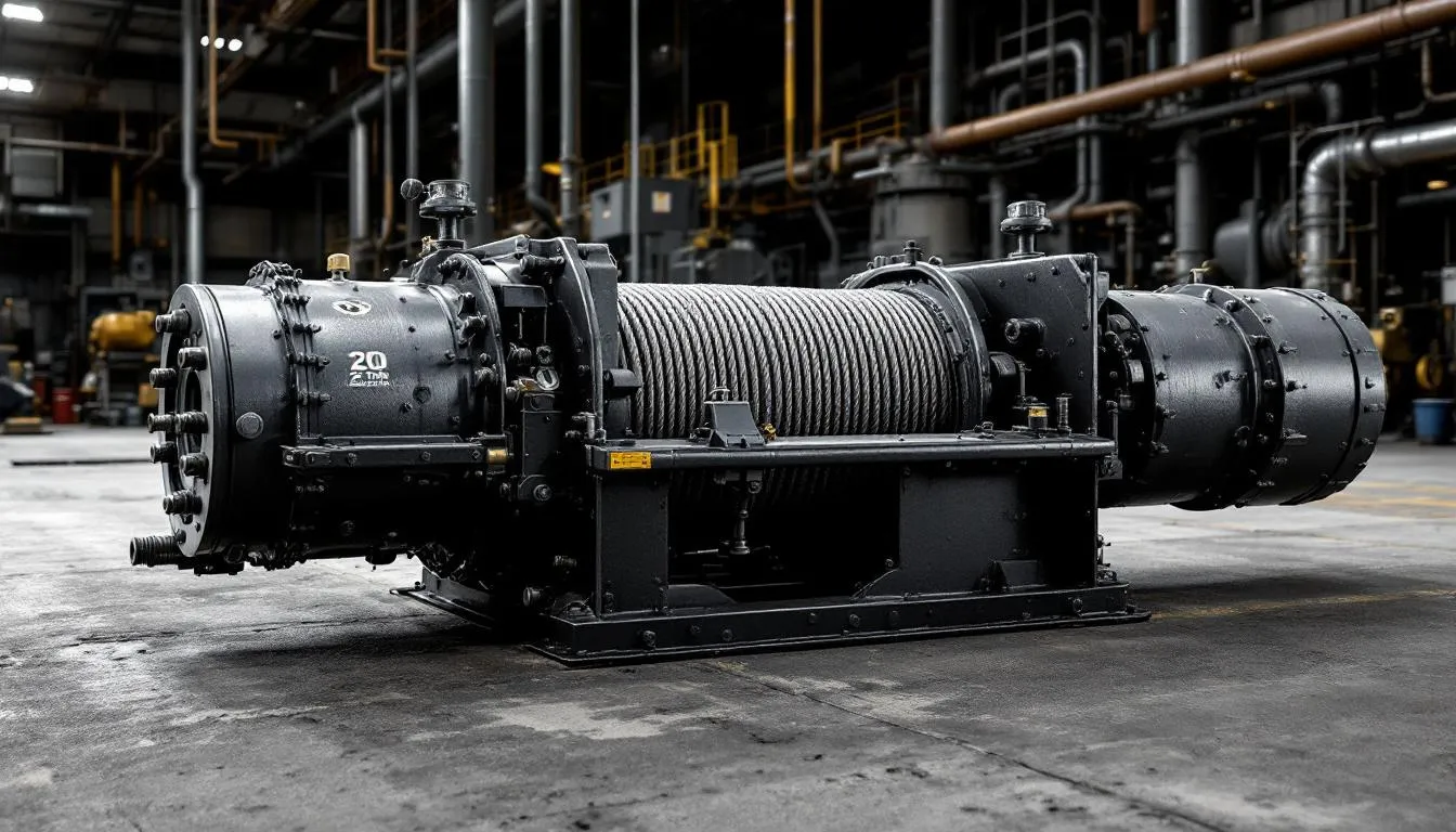A detailed view of a 20 ton hydraulic winch showcasing its key features.