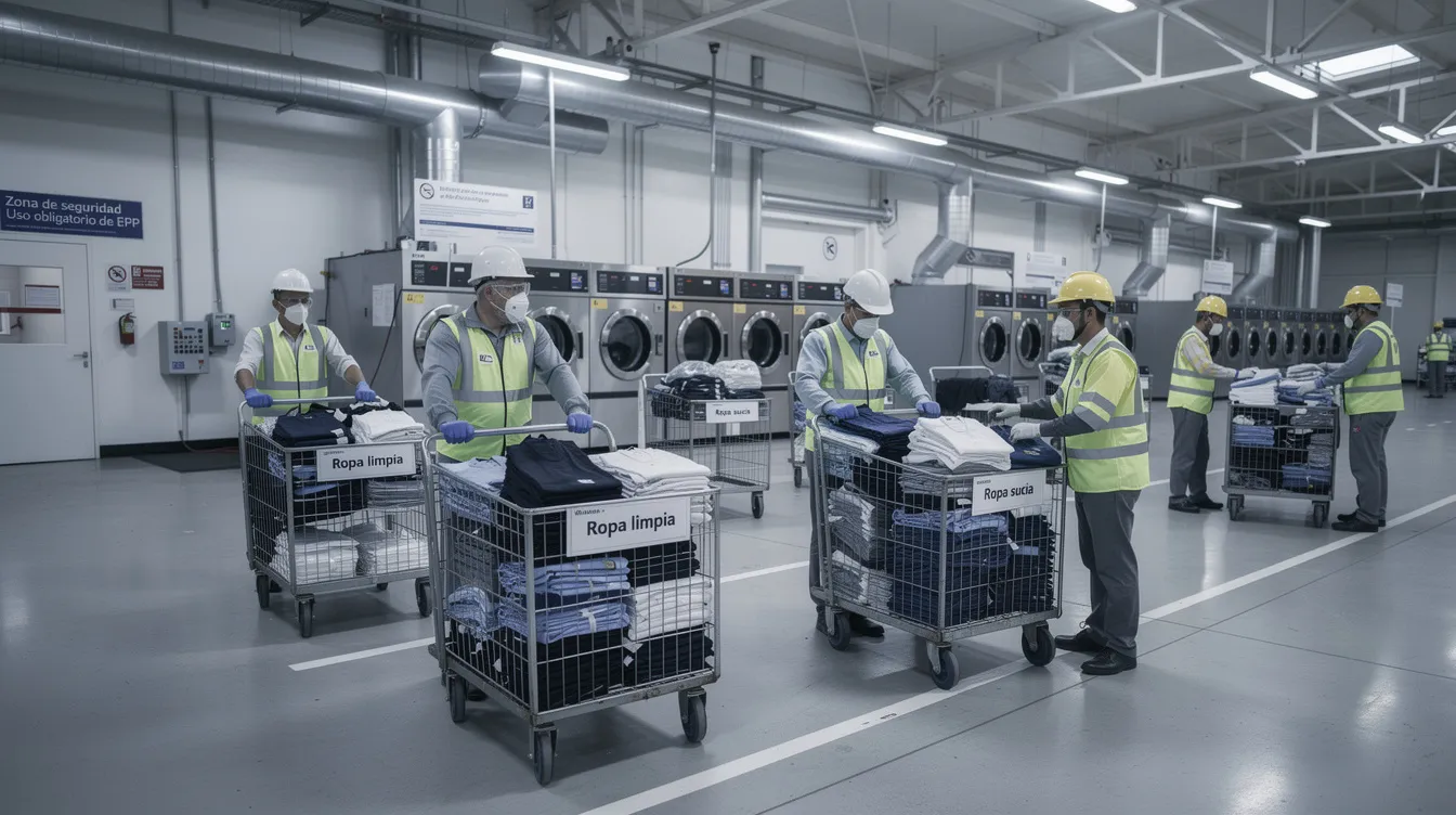 En la imagen se observan trabajadores equipados con trajes de protección manipulando carros de ropa sucia en una lavandería hospitalaria, donde se utilizan lavadoras de barrera sanitaria para garantizar la higiene y desinfección de las prendas. El entorno industrial está diseñado para prevenir la contaminación cruzada y asegurar la seguridad en el proceso de lavado.