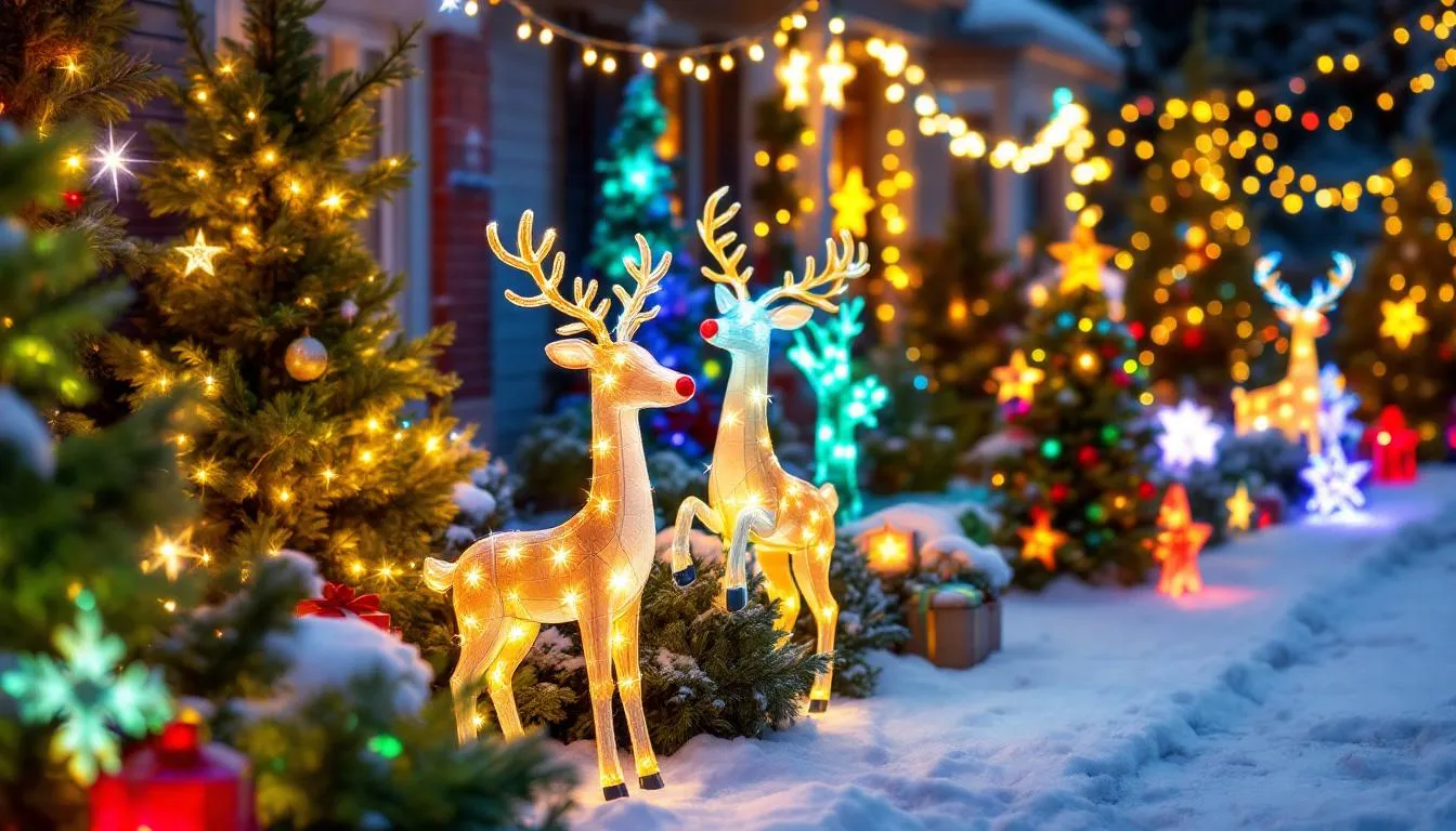 In a charming winter garden setting, a captivating outdoor Christmas display features illuminated reindeer, twinkling fairy lights, and playful gonks, creating a cosy and festive atmosphere. The scene is adorned with a beautifully decorated Christmas tree, evoking the spirit of Nordic and Scandinavian mythology during the winter solstice.