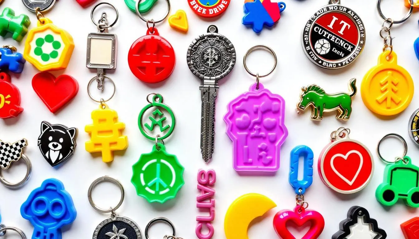 Na białym tle leżą różnorodne breloczki na zamówienie, wykonane z wysokiej jakości materiałów w różnych kolorach i kształtach. Wśród nich znajdują się eleganckie breloki reklamowe, idealne jako praktyczny gadżet z logo firmy.