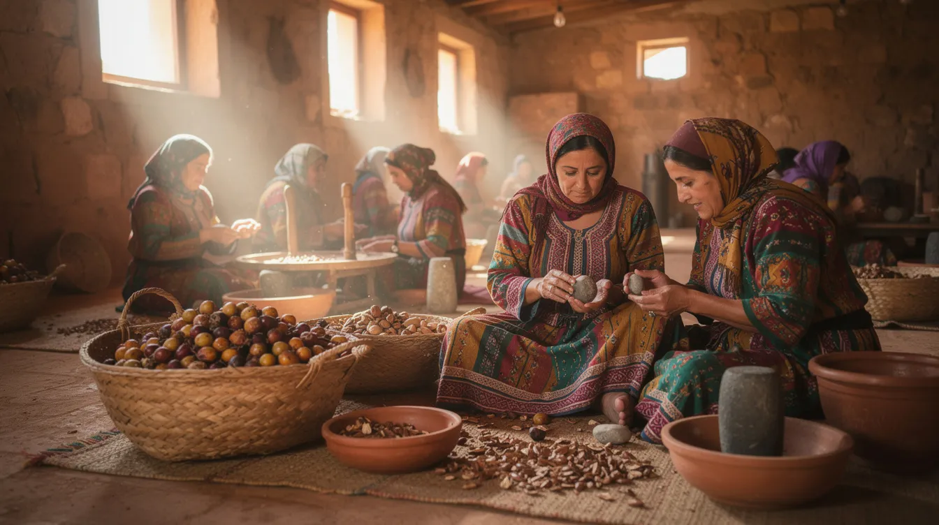 A group of Moroccan women in traditional clothing work collaboratively in an argan oil cooperative, using baskets and traditional tools to process the oil. This scene reflects the vibrant culture and daily life of local women in rural areas of Morocco, showcasing their role in promoting gender equality and community empowerment.