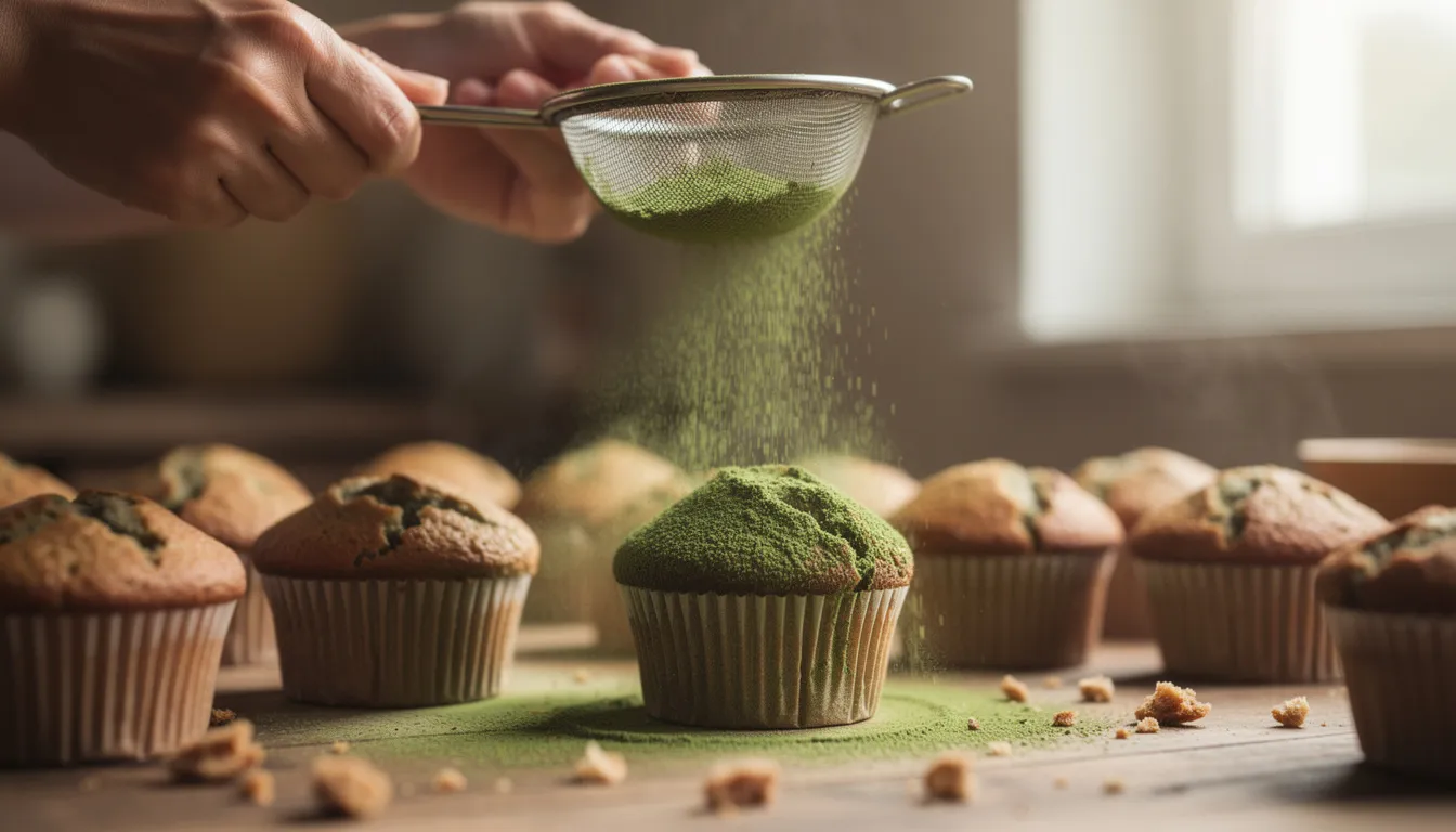 In der Abbildung sind Hände zu sehen, die frisch gebackene Muffins mit grünem Matcha-Pulver bestäuben, während sie durch ein feines Sieb gehalten werden. Die Muffins haben eine goldbraune Farbe und stehen auf einem Küchentisch, umgeben von Backutensilien.