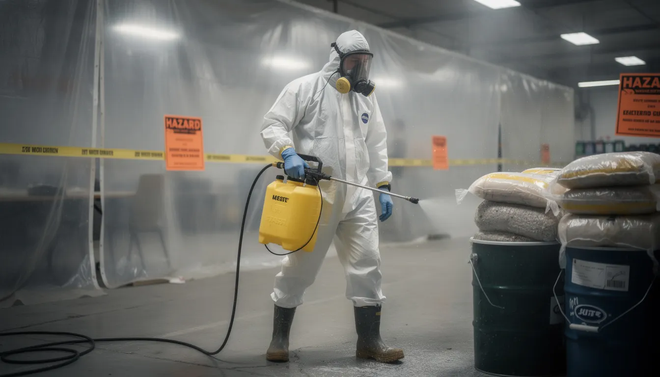 A professional remediation technician, dressed in protective gear, is engaged in cleanup work to address indoor air quality issues, potentially related to mold growth or other contaminants. The technician's focus on safety and thoroughness highlights the importance of maintaining a healthy indoor environment for clients in Atlanta.