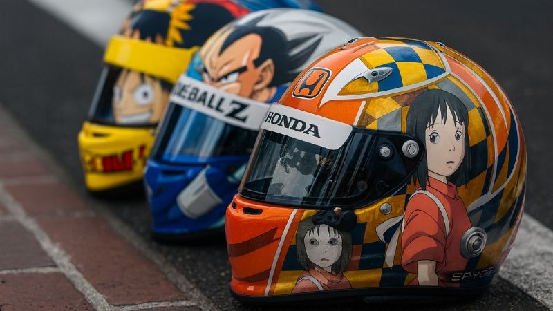 Helmets having anime themed wraps are displayed