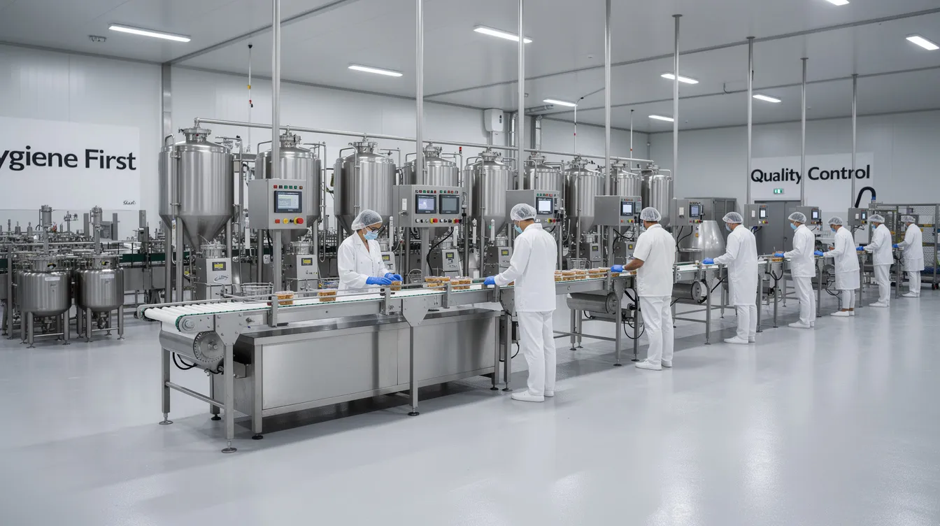 The image depicts the interior of a clean food manufacturing facility, featuring stainless steel equipment and workers dressed in white uniforms and hairnets, emphasizing food safety standards. This environment is essential for the production of food products like instant poha, ensuring compliance with regulations set by the food authority.