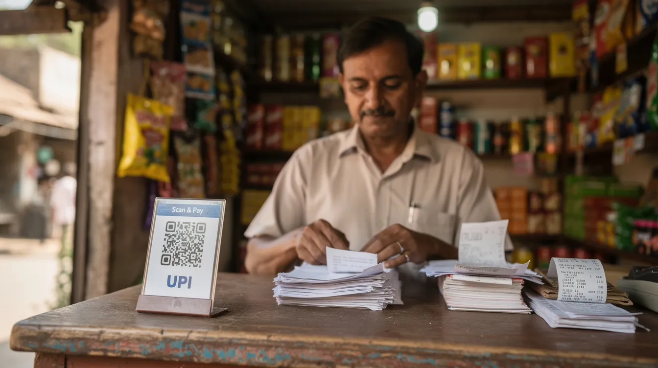 fb41c93c 352b 4eec 81c8 db6420a3c1ff A small Indian shop owner is seen organizing documents at a wooden counter, with a UPI QR code prominently displayed for digital payments. This scene reflects the daily operations of a micro enterprise, which may seek financial assistance through schemes like the Pradhan Mantri Mudra Yojana to support their business growth and cash flow needs.