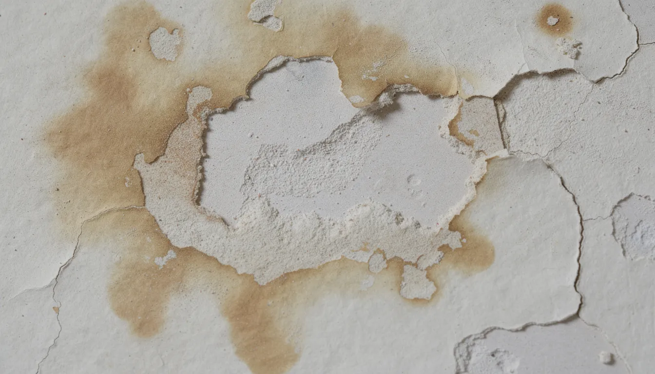 The image shows a close-up view of water-damaged drywall, highlighting significant discoloration and texture changes indicative of mold growth, including visible mold colonies and water stains. This affected area may pose health risks such as allergic reactions due to mold exposure, emphasizing the need for proper mold remediation services.