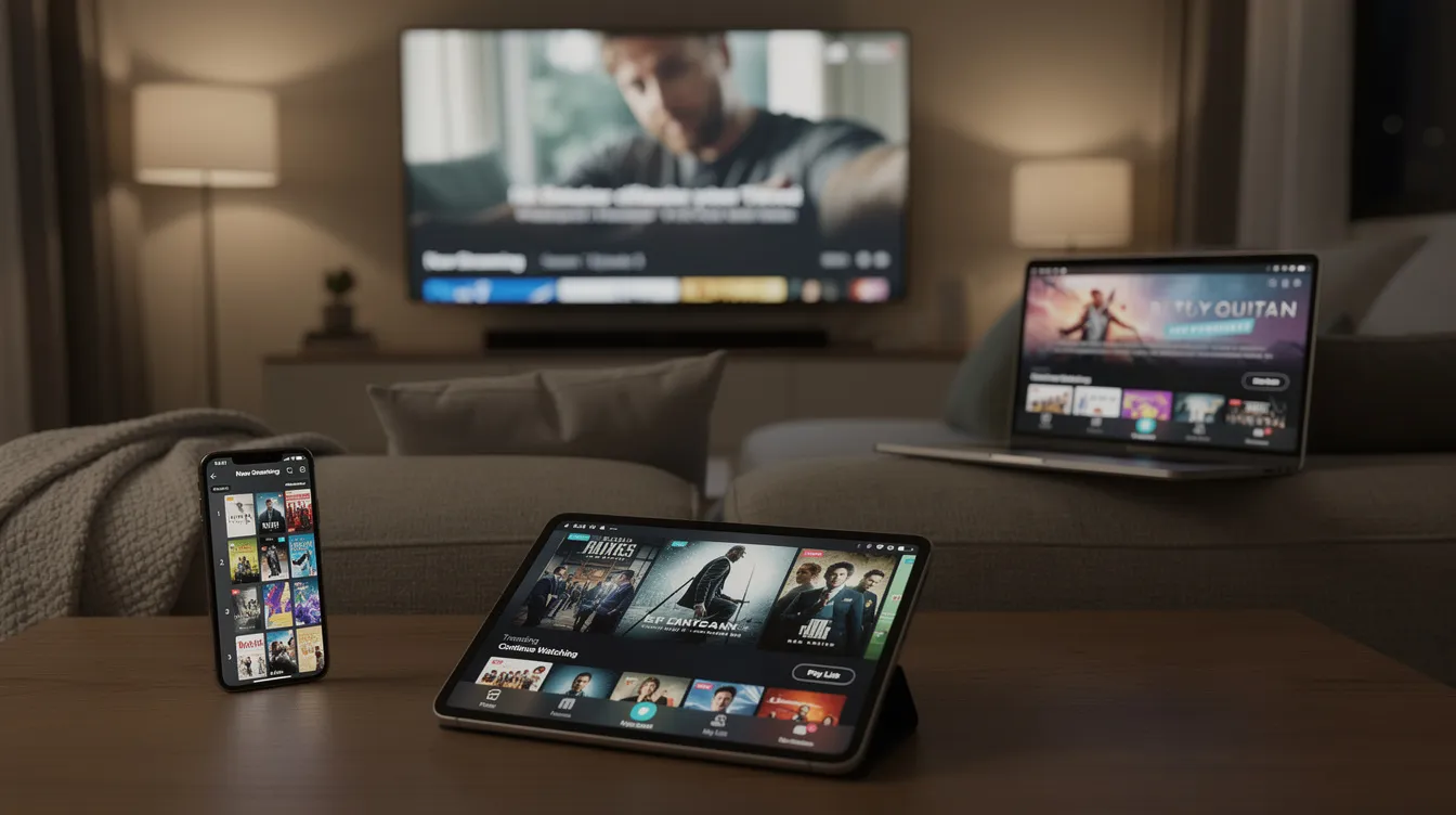 The image shows a cozy living room with a tablet, smartphone, laptop, and TV, all streaming various content, highlighting the convenience of IPTV services in Canadian households. Each device showcases high-quality streaming, reflecting the versatility of internet protocol television for entertainment and live channels.