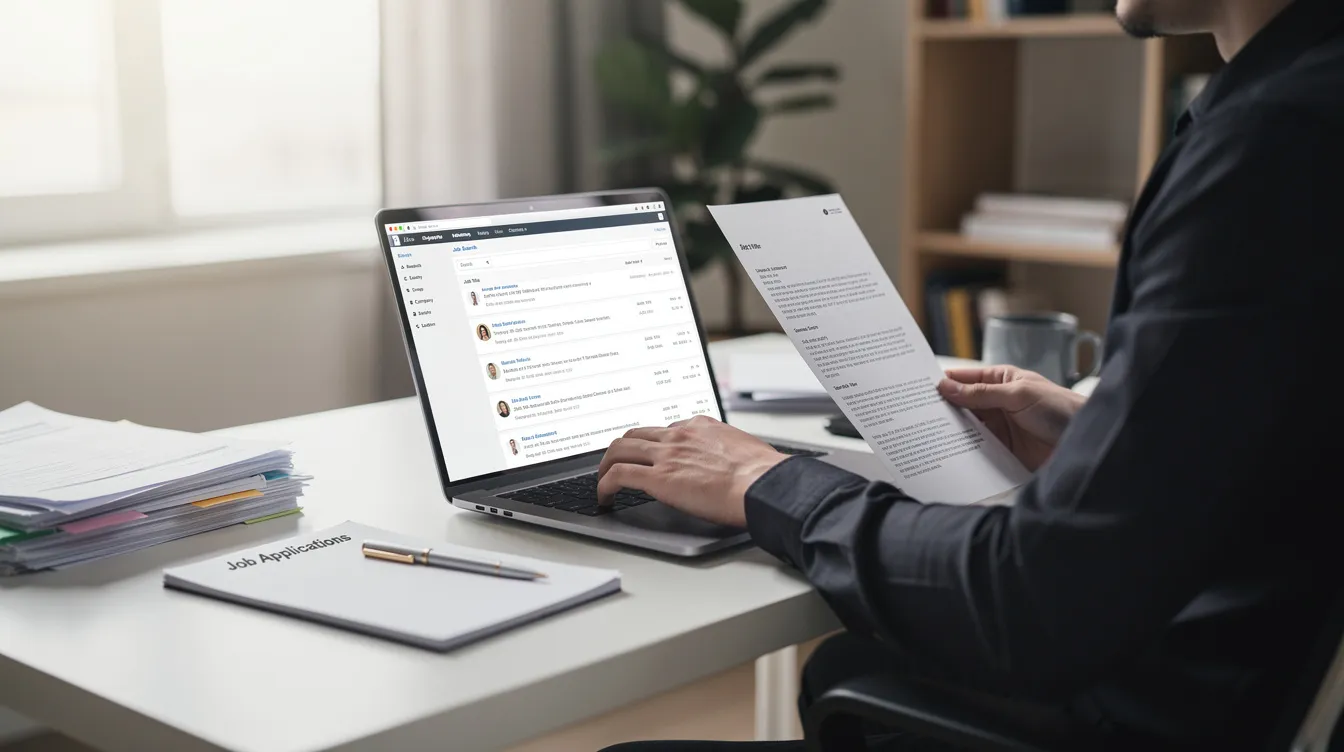 A person is seated at a desk, focused on a laptop while reviewing job listings and important documents related to applying for work opportunities in Italy. The scene conveys a sense of professionalism and determination as they navigate the application process for an Italy work visa.