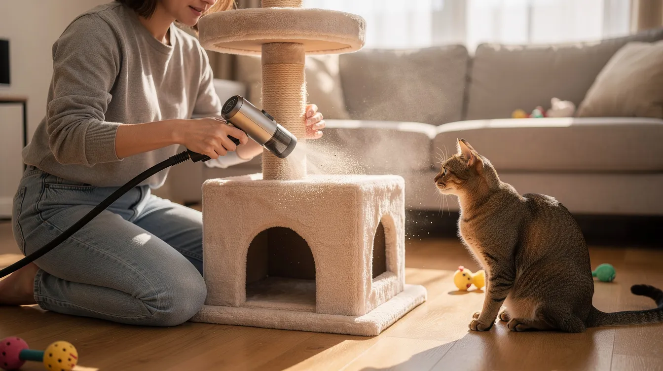 A person is using a handheld vacuum to clean a plush cat tower, while a curious cat watches nearby, likely enjoying the vertical space of its cat furniture. The scene highlights the importance of maintaining a clean environment for pet owners and their furry companions.