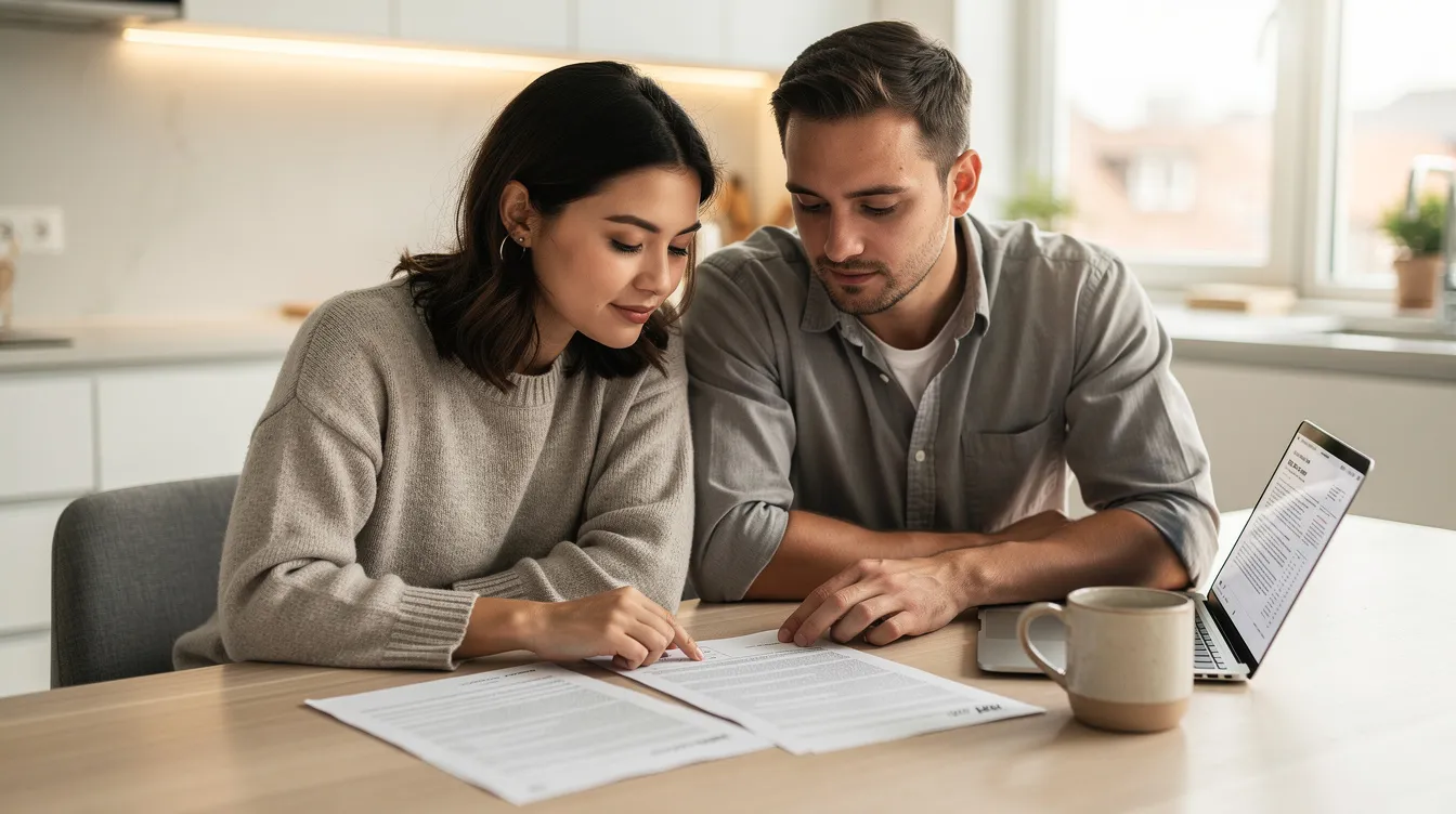 A young couple sits together at a kitchen table, reviewing paperwork that likely includes details about their homeowners insurance and other coverage options. They appear focused and engaged, possibly discussing common insurance myths that could impact their financial well-being.