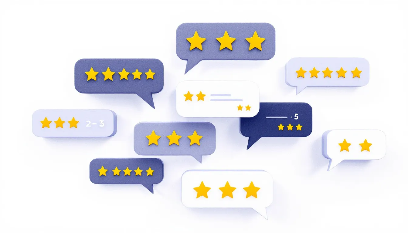 The image depicts various chat bubbles, each containing 2 to 5 stars, symbolizing mixed reviews for a product. This visual representation highlights the diverse opinions of customers, reflecting their experiences and insights into the quality and services offered by the business. Talk