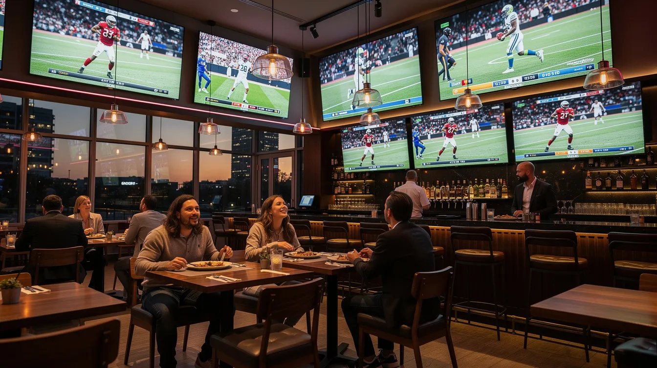 The image depicts the interior of a lively restaurant, featuring multiple flat-screen TVs mounted on the walls, all broadcasting various sports events. This setup enhances the dining experience, making it ideal for patrons who enjoy watching sports while enjoying their meals, possibly highlighting the importance of professional DSTV installation services for optimal reception.
