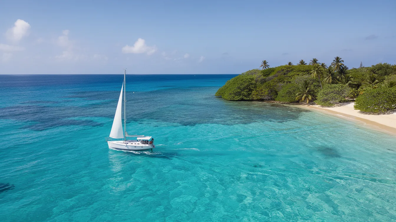 Um barco navega em águas cristalinas azul-turquesa, próximo a uma ilha coberta de vegetação verde exuberante. Esta cena paradisíaca é um exemplo perfeito dos belos destinos da Croácia, ideal para uma estadia relaxante.