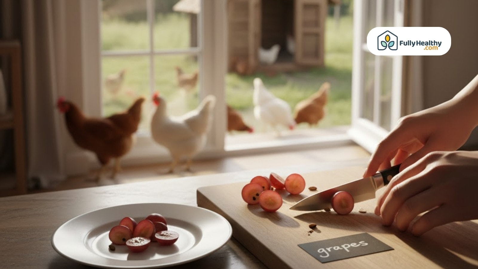 Person slicing grapes indoors while chickens wait outside near window and coop