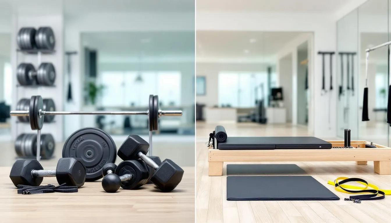The image shows a side-by-side comparison of traditional weight training equipment, like dumbbells and barbells, alongside Pilates apparatus, such as a reformer machine and resistance bands. This visual highlights the different approaches to strength training, illustrating how both methods can enhance muscle strength and core stability through controlled movements and various exercises.