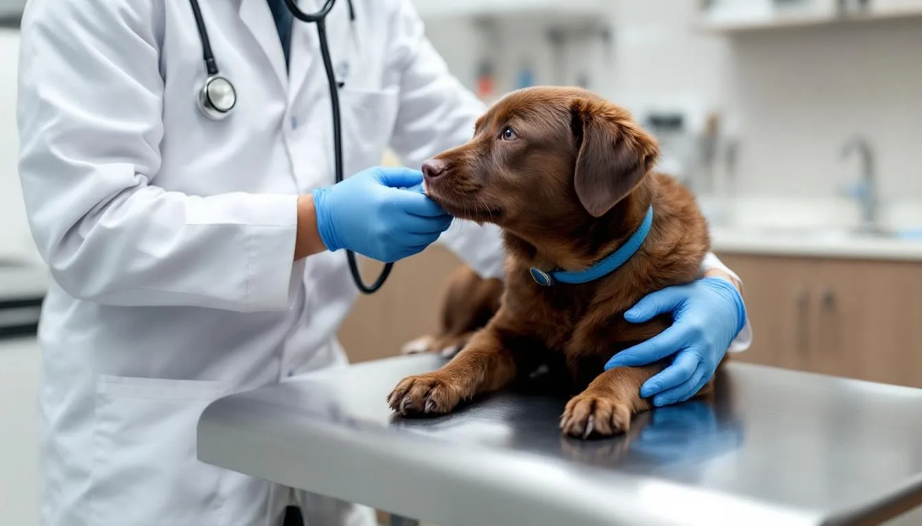 A veterinarian is examining a dog, focusing on its urinary tract health, which may include checking for urinary tract infections or other medical issues that could cause inappropriate urination or peeing in the house. The vet is likely discussing the dog