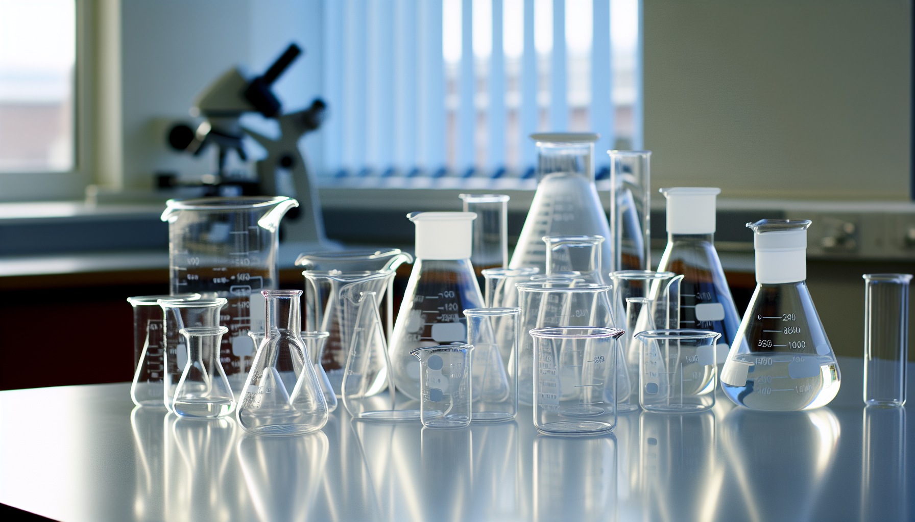 Various glass and plastic beakers on laboratory table