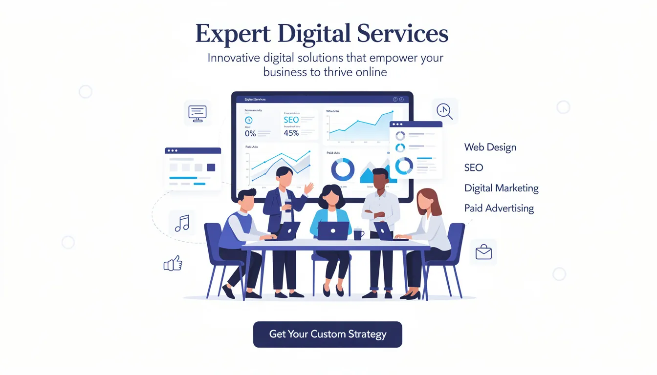 The image showcases a modern digital marketing agency office, featuring a collaborative workspace where a diverse team of experts is engaged in discussions about digital strategy and web development. The environment emphasizes innovation and transparency, with digital solutions and marketing materials displayed prominently, reflecting the agency's commitment to enhancing online visibility and driving growth for its clients.
