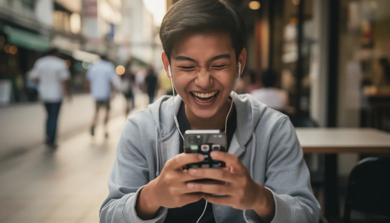 A Thai teenager is laughing while texting on their smartphone, showcasing the joy of modern digital communication and the use of Thai slang words among friends. The scene captures the essence of Thai culture and the lighthearted way young people connect through language.