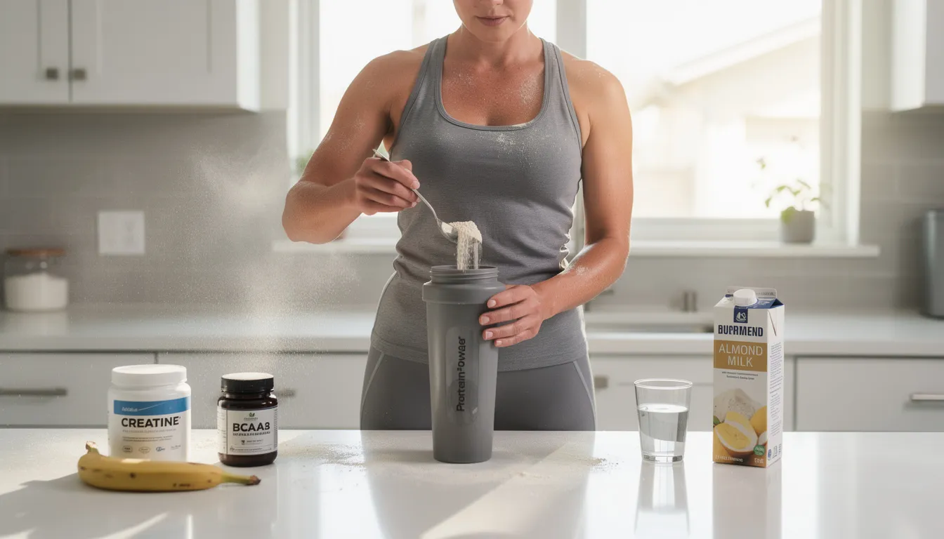 A person is seen preparing a post-workout protein shake by mixing supplement powder into a blender, emphasizing the importance of creatine supplementation for muscle growth and recovery after intense workouts. This dietary supplement aids in increasing muscle mass and supports optimal exercise performance.