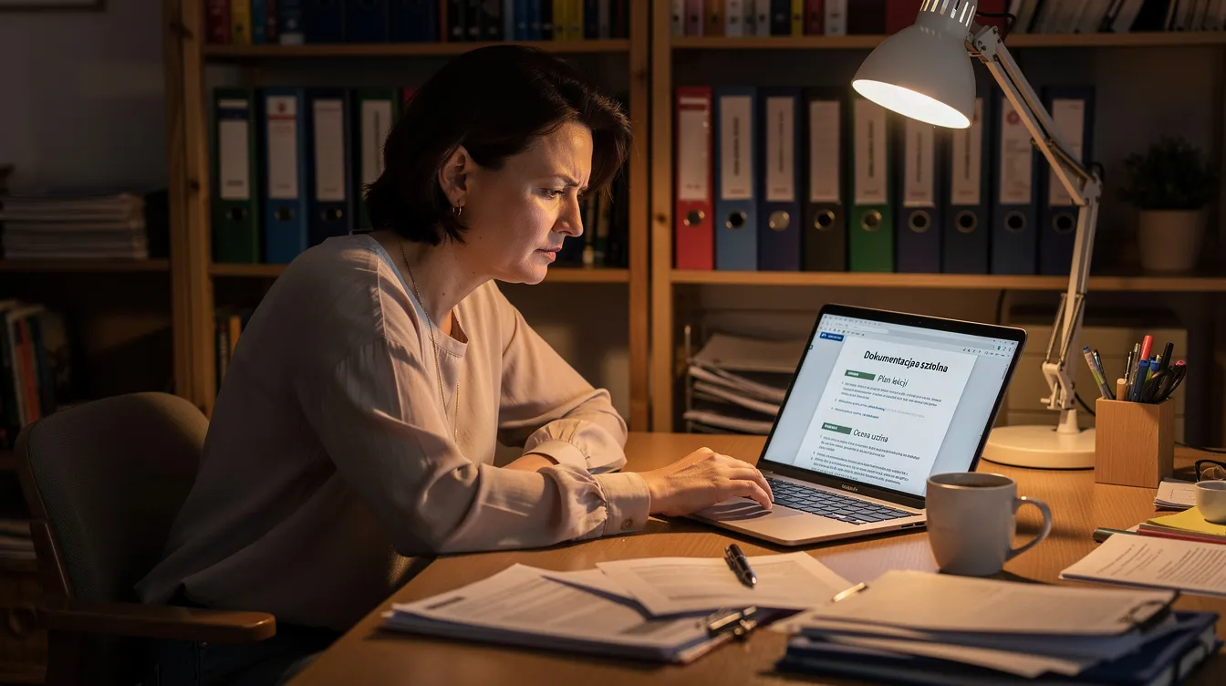Na zdjęciu widoczny jest nauczyciel pracujący przy laptopie, zajmujący się dokumentacją szkolną, co może obejmować ocenę efektywności udzielanej pomocy psychologiczno-pedagogicznej uczniom oraz przygotowanie wytycznych dotyczących dalszej pracy z dziećmi. Nauczyciel koncentruje się na opracowaniu sformułowań, kt&oacute;re pomogą w identyfikacji trudności i potrzeb uczni&oacute;w.