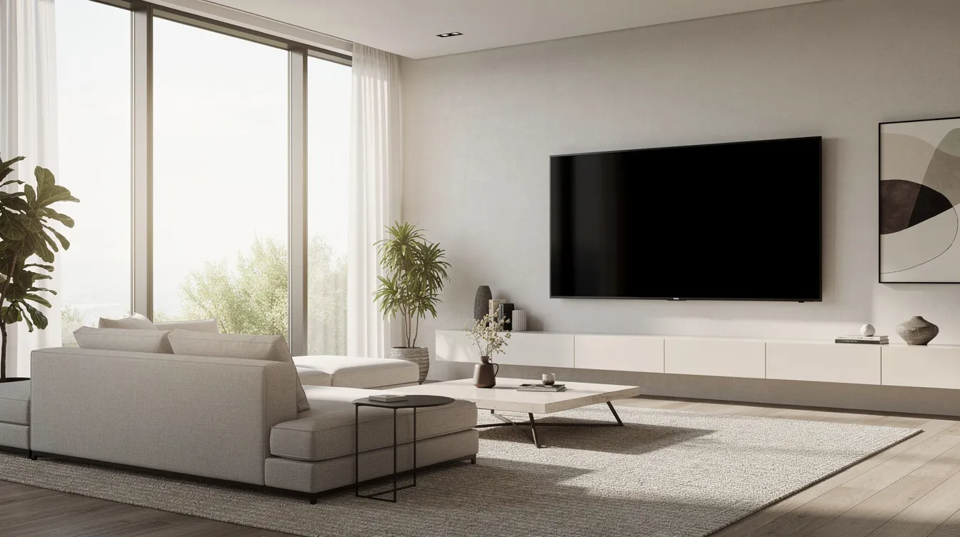 A modern living room features large floor-to-ceiling windows that allow bright sunlight to fill the space, creating a warm and inviting atmosphere. The glare reduction provided by transitional window films ensures clear visibility on the television screen, enhancing comfort and enjoyment in the interior.