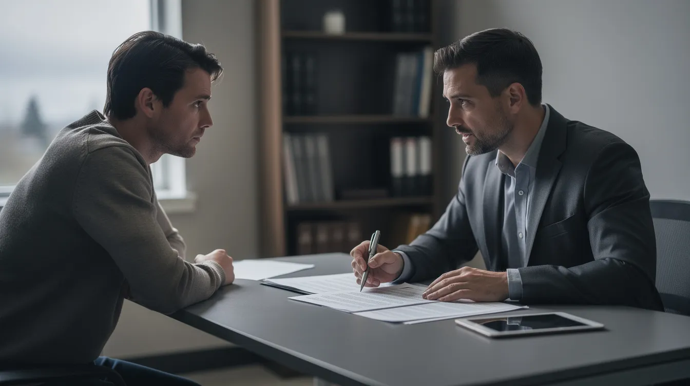 In a modern office in Everett, Washington, a concerned accident victim sits across from an experienced truck accident lawyer, reviewing settlement documents. The attorney, with a serious expression, points to printed paperwork on the desk, while soft natural light filters through the window, creating a subdued atmosphere that reflects the legal process of pursuing compensation for truck accident victims.