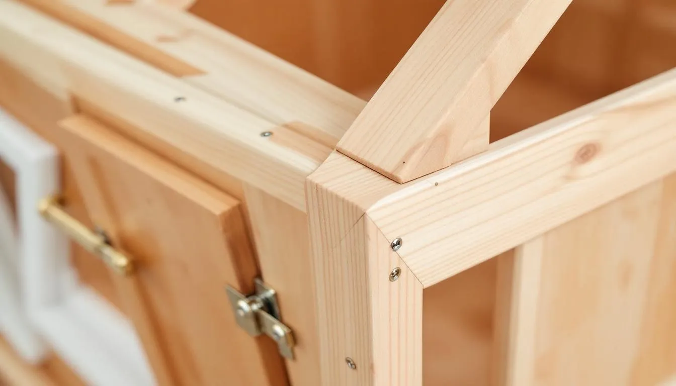The image shows a close-up view of a wooden playhouse's construction details, highlighting the quality joinery and hardware used to ensure durability and safety. This craftsmanship is essential for creating a sturdy outdoor playhouse that encourages imaginative play and provides a fun space for kids to explore.