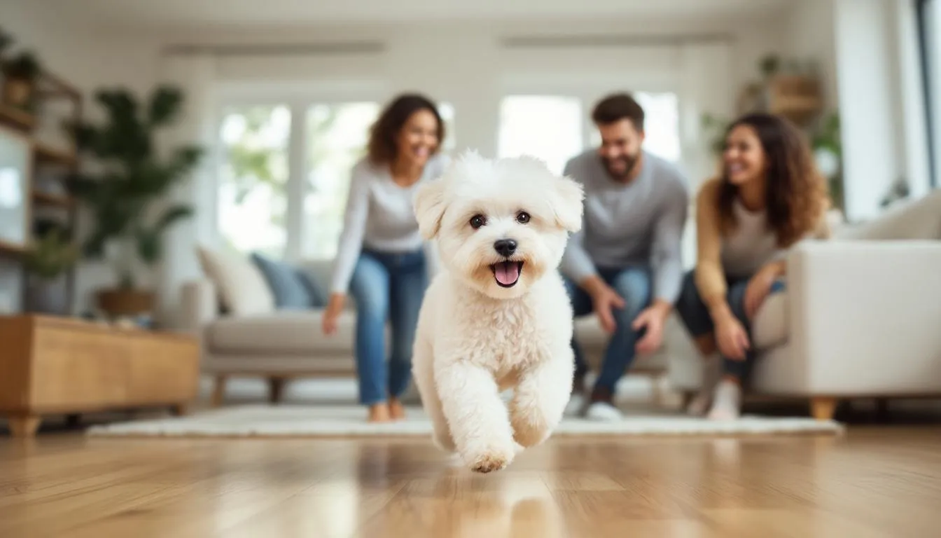 In a clean, allergen-managed living room, a family joyfully plays with a fluffy Bichon Frise, a small hypoallergenic dog known for its curly coat and affectionate nature. The scene highlights the bond between pet parents and their hypoallergenic breed, ideal for allergy sufferers looking for a loving companion.