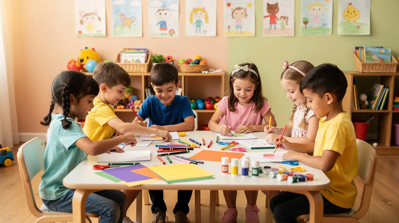 Na jasnym tle sali przedszkolnej, grupa sześcioletnich dzieci wsp&oacute;lnie pracuje przy stoliku, otoczona kolorowymi materiałami plastycznymi. Ich zaangażowanie w działalność dydaktyczno-wychowawczą sprzyja budowaniu pozytywnych relacji oraz rozwijaniu umiejętności dzieci.