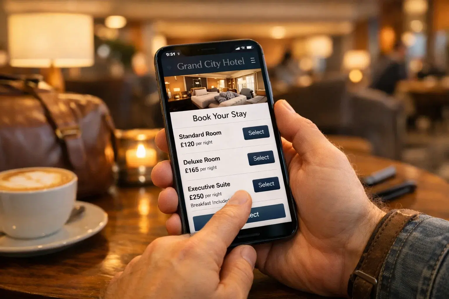 Traveller booking a hotel room directly through a hotel website on a smartphone.