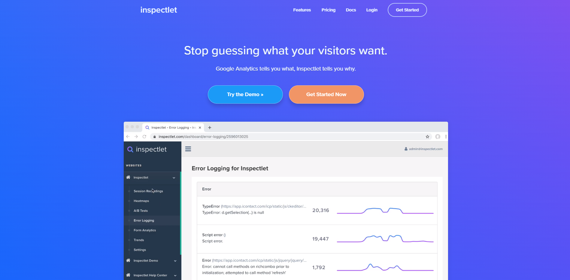 Homepage of inspectlet.com showing the content above-the-fold.