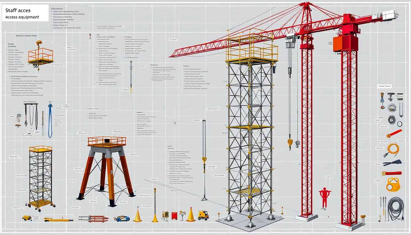 Various access equipment including scaffold towers and other tools.
