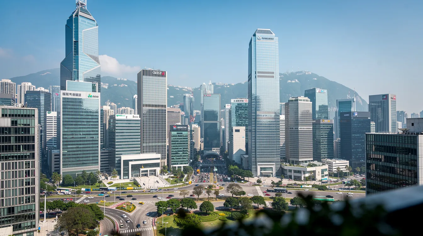 The image showcases the Hong Kong government district skyline, featuring sleek modern office buildings under a clear blue sky during the daytime. This vibrant scene reflects the contemporary architecture associated with public service roles, including various 公務員 職位 and 新入 職 opportunities in the area.