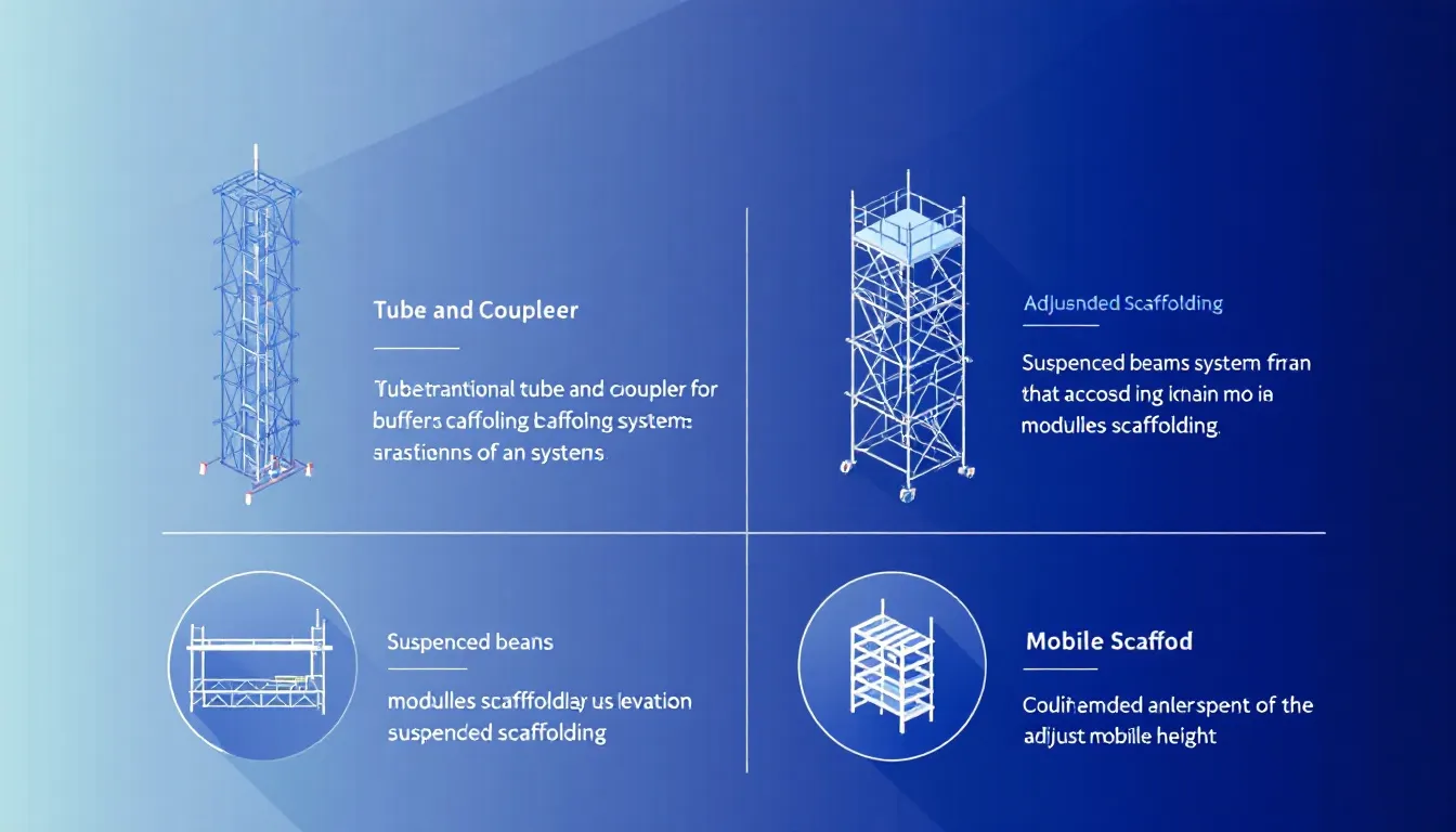 Choosing the right type of scaffolding for construction projects, with various types displayed.
