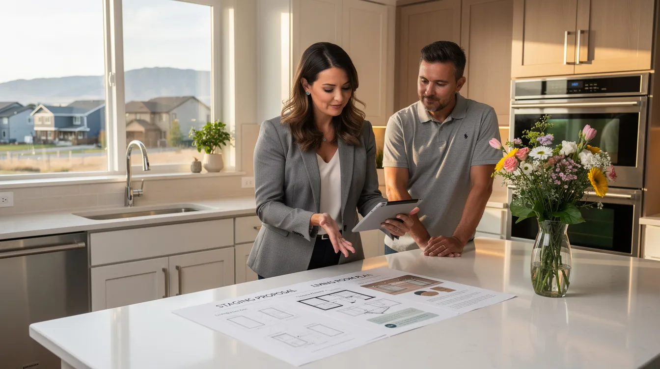 A Denver real estate agent and a homeowner are engaged in an initial consultation in a bright kitchen, reviewing a home staging proposal that aims to enhance the property's appeal for potential buyers. The scene highlights their collaboration in preparing the house for an open house, showcasing the importance of professional staging services in selling homes faster.