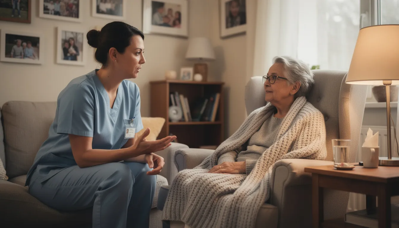 An elderly patient engages in a conversation with a healthcare worker in a cozy home environment, highlighting the importance of addressing mental health conditions such as Diogenes syndrome, which can lead to severe self-neglect and poor personal hygiene. The scene emphasizes the compassionate support needed for individuals suffering from mental disorders and the need for a comprehensive treatment plan.