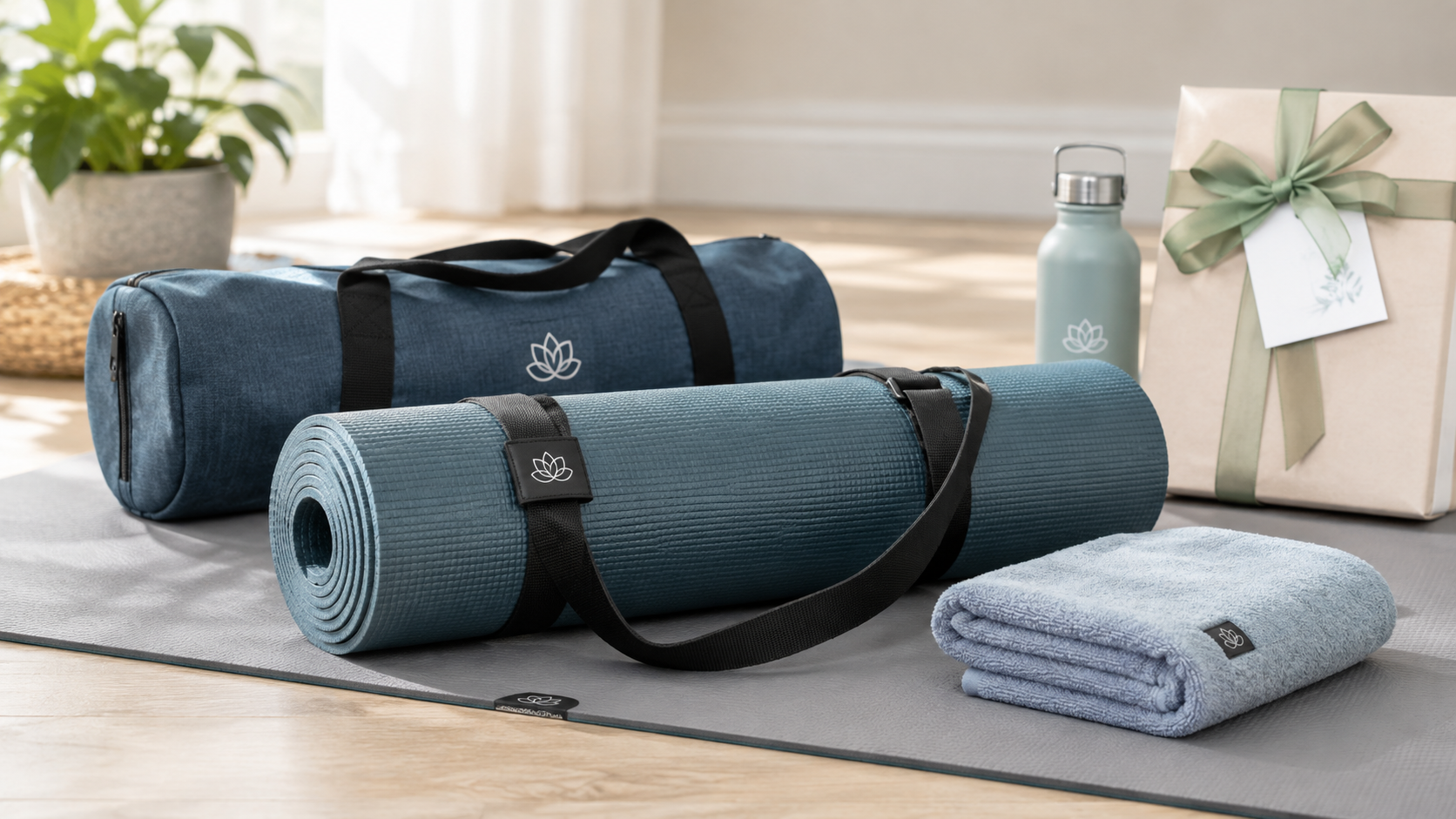 Employee wellness birthday gift set with a custom towel, yoga mat and carry strap, gym bag, reusable bottle, and gift packaging